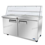 commercial salad prep fridge with glass display and stainless steel GN pans