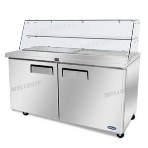 commercial salad prep fridge with glass display and stainless steel GN pans