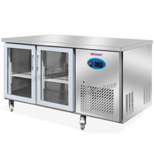 2-door commercial under bench fridge with double glazed glass doors and low running costs