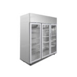 3-door commercial upright display freezer with triple-glazed glass doors and LED lighting