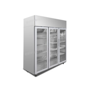 3-door commercial upright display freezer with triple-glazed glass doors and LED lighting
