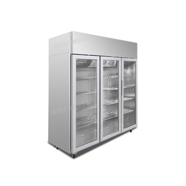 3-door commercial upright display freezer with triple-glazed glass doors and LED lighting