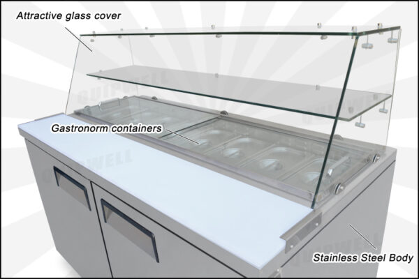commercial salad prep fridge with glass display and stainless steel GN pans