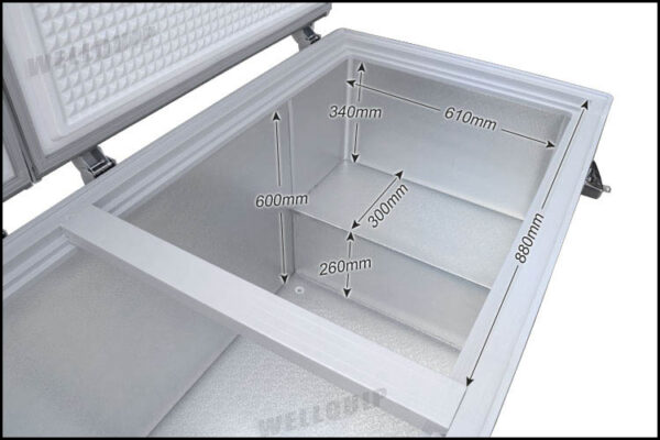 Energy-efficient storage chest fridge with 750L capacity, inventory baskets and solid doors
