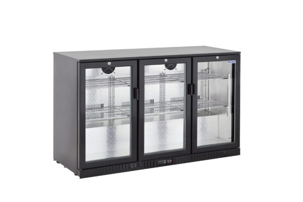 3-door commercial bar fridge with glass doors and LED lighting