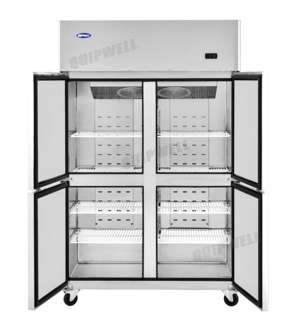 4-split door commercial upright storage freezer with stainless steel doors and auto defrost