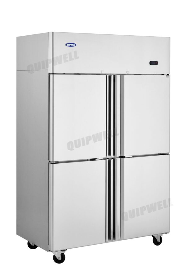 4-split door commercial upright storage freezer with stainless steel doors and auto defrost