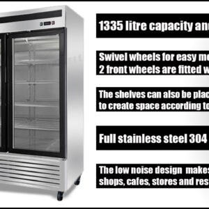 2-door commercial upright display fridge with Low-E glass and LED lighting