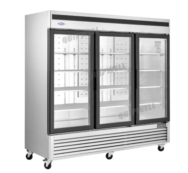 3-door commercial upright display fridge with Low-E glass and LED lighting