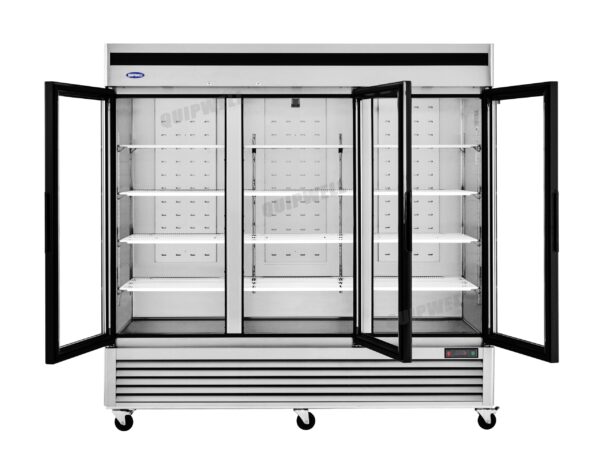 3-door commercial upright display freezer with triple-glazed glass doors and LED lighting