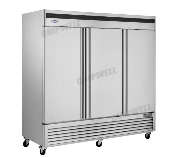 3-door commercial upright storage fridge with a stainless steel door and low running costs