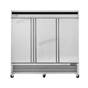 3-door commercial upright storage freezer with stainless steel doors and auto defrost