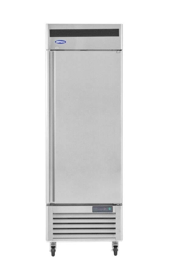 1-door commercial upright storage freezer with stainless steel doors and auto defrost