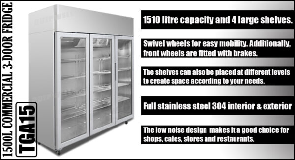 3-door commercial upright display fridge with Low-E glass and LED lighting