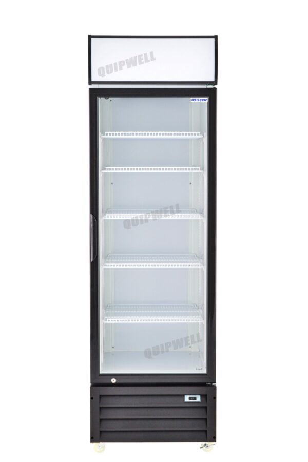 1-door commercial upright display fridge with glass doors and LED lighting