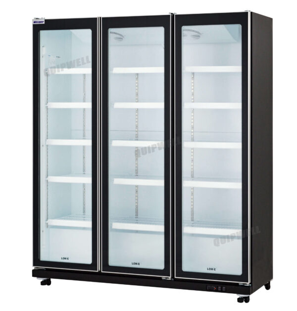 3-door commercial upright display fridge with full height Low-E glass doors and LED lighting