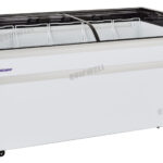 Energy-efficient glass display chest fridge with 500L capacity, LED lighting and curved sliding doors