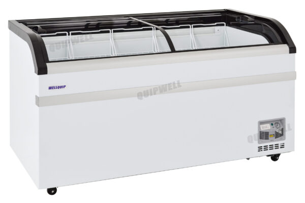 Energy-efficient glass display chest fridge with 500L capacity, LED lighting and curved sliding doors