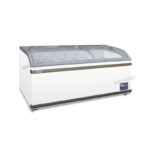 Energy-efficient glass display chest freezer with 700L capacity, LED lighting and curved sliding doors