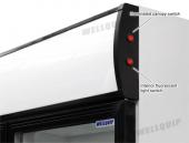 Energy-efficient upright display fridge with 1400L capacity, fan-forced cooling and adjustable shelves