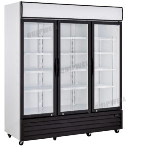 3-door commercial upright display fridge with glass doors and LED lighting