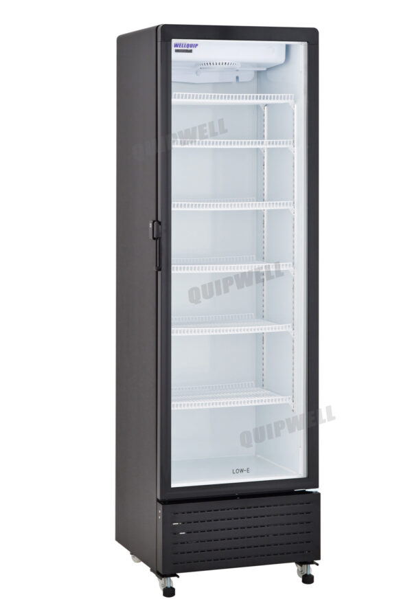 1-door commercial upright display fridge with glass doors and LED lighting