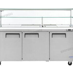 commercial mega salad prep fridge with glass display and stainless steel GN pans
