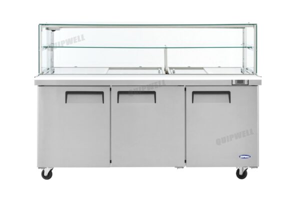 commercial mega salad prep fridge with glass display and stainless steel GN pans