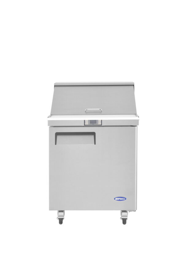 commercial mega salad prep fridge with stainless steel GN pans