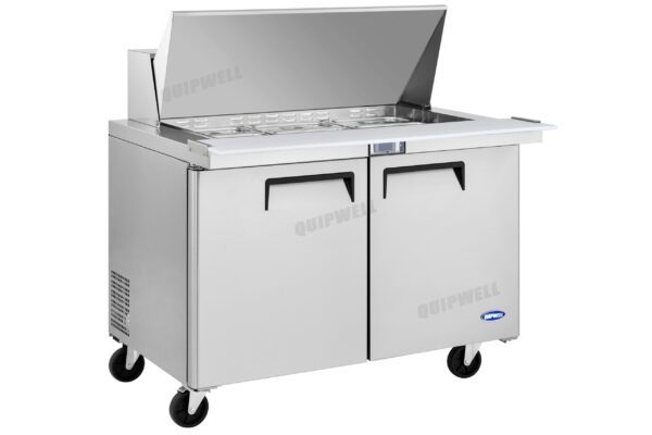 commercial mega salad prep fridge with stainless steel GN pans