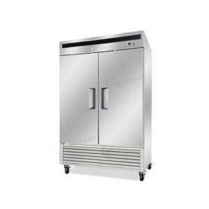 2-door commercial upright storage freezer with stainless steel doors and auto defrost