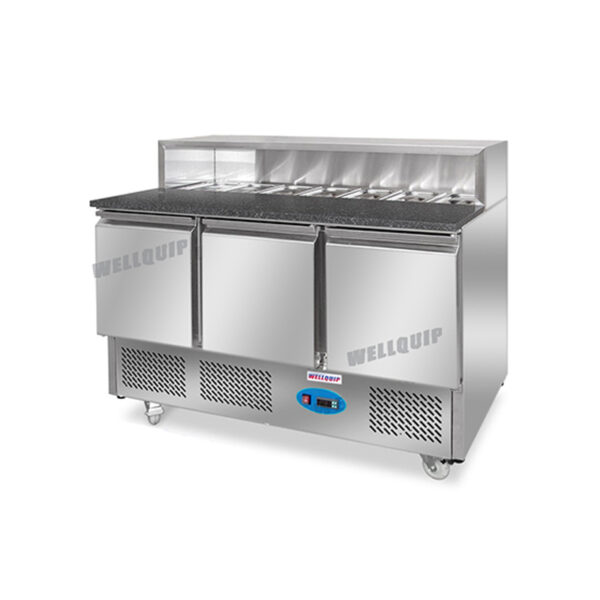 commercial saladette prep fridge with stainless steel GN pans