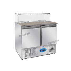 commercial saladette prep fridge with stainless steel GN pans