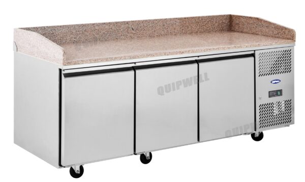 commercial bakery prep fridge with granite benchtop and splashback