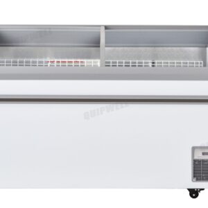 Energy-efficient glass display chest fridge with 550L capacity, LED lighting, auto defrost and curved sliding doors