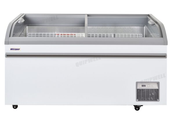 Energy-efficient glass display chest fridge with 550L capacity, LED lighting, auto defrost and curved sliding doors