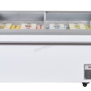 Energy-efficient glass display chest freezer with 550L capacity, LED lighting, auto defrost and curved sliding doors