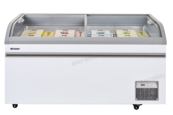 Energy-efficient glass display chest freezer with 550L capacity, LED lighting, auto defrost and curved sliding doors