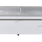 Energy-efficient glass display chest freezer with 800L capacity, LED lighting, auto defrost and curved sliding doors