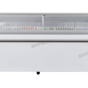 Energy-efficient glass display chest freezer with 800L capacity, LED lighting, auto defrost and curved sliding doors