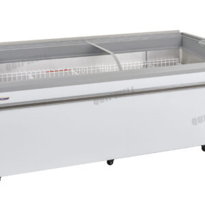 Energy-efficient glass display chest fridge with 800L capacity, LED lighting, auto defrost and curved sliding doors