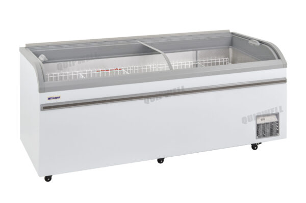 Energy-efficient glass display chest fridge with 800L capacity, LED lighting, auto defrost and curved sliding doors