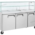 commercial salad prep fridge with glass display and stainless steel GN pans