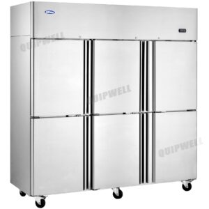 6 split door commercial upright storage fridge with stainless steel doors and low running costs