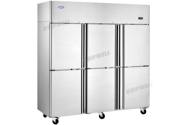 6 split door commercial upright storage fridge with stainless steel doors and low running costs