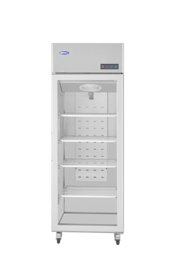 1-door commercial upright display freezer with triple-glazed glass doors and LED lighting