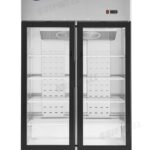 2-door commercial upright display freezer with triple-glazed glass doors and LED lighting