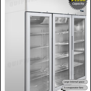 3-door commercial upright display freezer with triple-glazed glass doors and LED lighting