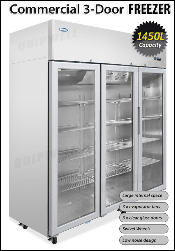 3-door commercial upright display freezer with triple-glazed glass doors and LED lighting