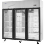 3-door commercial upright display freezer with triple-glazed glass doors and LED lighting